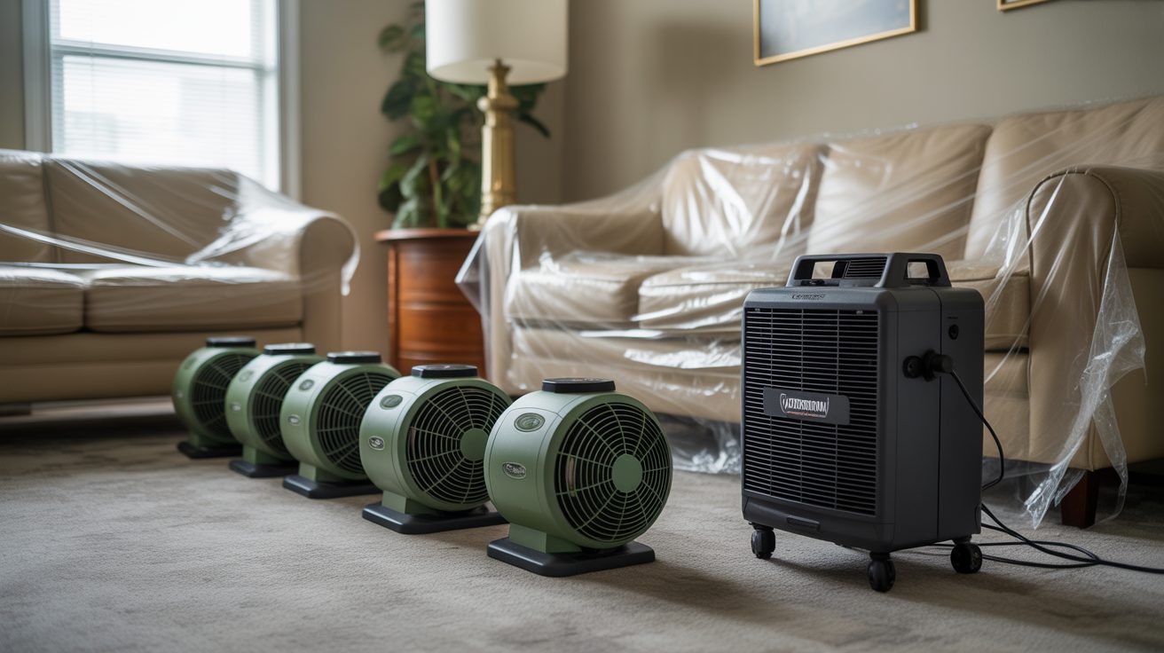Commercial water damage equipment staged inside a Salt Lake City home